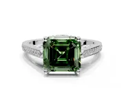 Cathedral Engagement Ring Setting for Fancy Green Asscher Cut Center with Antique-Style Pave Band and Prong Head in Platinum