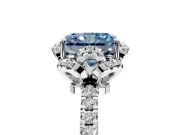 Halo Engagement Ring Setting for Fancy Blue Radiant Cut Center with Openwork Halo, Pave Band and Prong Head in Platinum