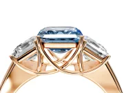 3 Stone Engagement Ring Setting for Fancy Blue Asscher Cut Center with Raised Basket Heads and Prong Head in Rose Gold