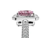 Milgrain Halo Engagement Ring Setting for Fancy Pink Radiant Cut Center with Three-Sided Pave Band and Prong Head in White Gold