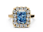 Single Halo Engagement Ring Setting for Fancy Blue Radiant Cut Center with Corner Claws, Plain Band and Prong Head in Yellow Gold