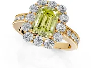 Halo Engagement Ring Setting for Fancy Yellow Emerald Cut Center with Milgrain Channel Band and Prong Head in Yellow Gold