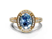 Halo Engagement Ring Setting for Fancy Blue Oval Center with Framed Halo, Pave Band and Prong Head in Yellow Gold