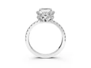 Halo Engagement Ring Setting for Asscher Cut Center with Openwork Halo, Pave Band and Prong Head in White Gold