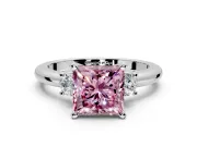 3 Stone Engagement Ring Setting for Fancy Pink Princess Cut Center with Wide Plain Band and Prong Head in Platinum