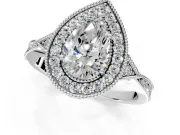 Halo Engagement Ring Setting for Pear-Shaped Center with Milgrain Rim, Pave Band and Prong Head in Sterling Silver
