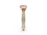 Solitaire Engagement Ring Setting for Fancy Pink Asscher Cut Center with Domed Multi-Row Pave Band and Prong Head in Yellow Gold