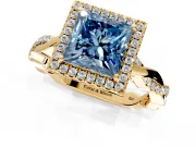 Halo Engagement Ring Setting for Fancy Blue Princess Cut Center with Pave and Plain Twist Band and Prong Head in Yellow Gold