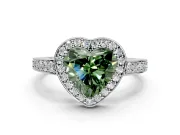 Bezel-Framed Halo Engagement Ring Setting for Fancy Green Heart-Shaped Center with Pave Band and Prong Head in White Gold