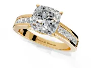 Solitaire Engagement Ring Setting for Cushion Cut Center with Princess Cut Channel Band and Prong Head in Yellow Gold