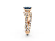 Solitaire Engagement Ring Setting for Fancy Blue Emerald Cut Center with Woven 3-Strand Pave Band and Prong Head in Rose Gold