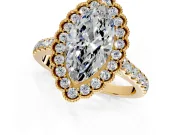 Milgrain Floral Halo Engagement Ring Setting for Marquise Center with Pave Band and Prong Head in Yellow Gold