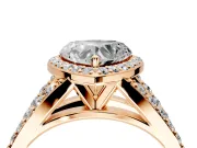 Halo Engagement Ring Setting for Heart-Shaped Center with Narrow Pave Split Shank and Prong Head in Rose Gold