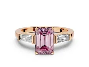 3 Stone Engagement Ring Setting for Fancy Pink Emerald Cut Center with Tapered Baguettes, Plain Band and Prong Head in Rose Gold