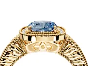 Milgrain Halo Engagement Ring Setting for Fancy Blue Cushion Cut Center with Pave Band and Prong Head in Yellow Gold