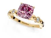 Solitaire Engagement Ring Setting for Fancy Pink Cushion Cut Center with Beaded Bezel Station Band and Prong Head in Yellow Gold