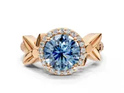 Halo Engagement Ring Setting for Fancy Blue Round Cut Center with Floral Band and Prong Head in Rose Gold