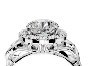 Halo Engagement Ring Setting for Round Cut Center with Open Scroll Shoulders and Prong Head in Platinum