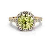 Accent Halo Engagement Ring Setting for Fancy Yellow Round Cut Center with Full-Length Pave Band and Prong Head in Yellow Gold