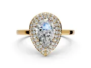 Halo Engagement Ring Setting for Pear-Shaped Center with Plain Tapered Band and Prong Head in Yellow Gold