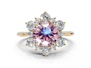Small-Accent Cluster Halo Engagement Ring Setting for Fancy Pink Round Cut Center with Plain Band and Prong Head in Yellow Gold
