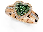 Halo Engagement Ring Setting for Fancy Green Heart-Shaped Center with Wide Band, Inlaid Accent Row and Prong Head in Rose Gold