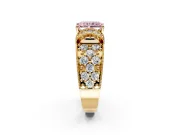 Pave Engagement Ring Setting for Fancy Pink Radiant Cut Center with Curved Accent Rows, Openwork and Prong Head in Yellow Gold
