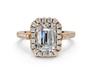 Halo Engagement Ring Setting for Emerald Cut Center with Raised Halo, Pave Band and Prong Head in Rose Gold