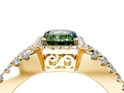 Halo Engagement Ring Setting for Fancy Green Emerald Cut Center with Wide-Open Pave Split Shank and Prong Head in Yellow Gold