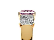 3 Stone Engagement Ring Setting for Fancy Pink Princess Cut Center with Raised Basket Heads and Prong Head in Yellow Gold