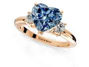 3 Stone Engagement Ring Setting for Fancy Blue Heart-Shaped Center with Wide Plain Band and Prong Head in Rose Gold