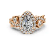 Milgrain Halo Engagement Ring Setting for Pear-Shaped Center with Shoulder Bezels and Prong Head in Rose Gold