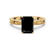 Solitaire Engagement Ring Setting for Fancy Black Emerald Cut Center with Engraved Milgrain Band and Prong Head in Yellow Gold