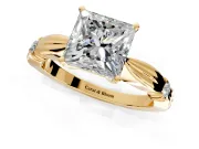 Solitaire Engagement Ring Setting for Princess Cut Center with Carved Leaf Shoulders and Prong Head in Yellow Gold