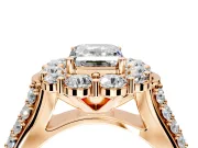 Large Accent Halo Engagement Ring Setting for Emerald Cut Center with Pave Split Shank and Prong Head in Rose Gold