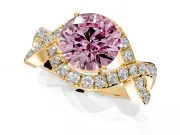 Halo Engagement Ring Setting for Fancy Pink Round Cut Center with Pave Infinity Twist Band and Prong Head in Yellow Gold