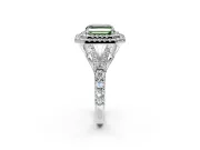 Double Halo Engagement Ring Setting for Fancy Green Asscher Cut Center with Narrow Pave Split Shank and Prong Head in White Gold