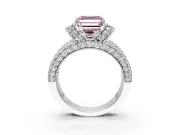 Pave Engagement Ring Setting for Fancy Pink Asscher Cut Center with Curved Accent Rows, Openwork and Prong Head in Sterling Silver