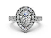 Milgrain Halo Engagement Ring Setting for Pear-Shaped Center with Pave Band and Prong Head in Sterling Silver