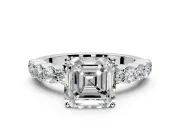 Shared-Prong Engagement Ring Setting for Asscher Cut Center with Graduated Accents and Prong Head in White Gold