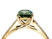 Solitaire Engagement Ring Setting for Fancy Green Emerald Cut Center with Round Cut Channel Band and Prong Head in Yellow Gold