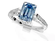 Cathedral Engagement Ring Setting for Fancy Blue Emerald Cut Center with Antique-Style Pave Band and Prong Head in Platinum