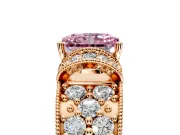 Pave Engagement Ring Setting for Fancy Pink Radiant Cut Center with Curved Accent Rows, Openwork and Prong Head in Rose Gold