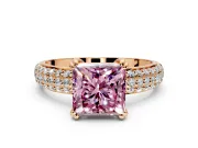 Solitaire Engagement Ring Setting for Fancy Pink Princess Cut Center with Multi-Row Pave Accents and Basket Head in Rose Gold