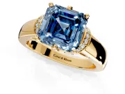 Solitaire Engagement Ring Setting for Fancy Blue Asscher Cut Center with Wide Band, Pave Collar and Prong Head in Yellow Gold