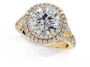Double Halo Engagement Ring Setting for Round Cut Center with Narrow Pave Split Shank and Prong Head in Yellow Gold