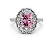 Milgrain Floral Halo Engagement Ring Setting for Fancy Pink Oval Center with Pave Band and Prong Head in Platinum