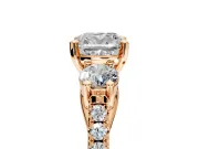 3 Stone Engagement Ring Setting for Cushion Cut Center with Crossover Basket, Pave Band and Prong Head in Rose Gold