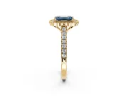 Milgrain Floral Halo Engagement Ring Setting for Fancy Blue Emerald Cut Center with Pave Band and Prong Head in Yellow Gold