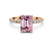 Solitaire Engagement Ring Setting for Fancy Pink Emerald Cut Center with Fine Pave Narrow Band and Prong Head in Rose Gold